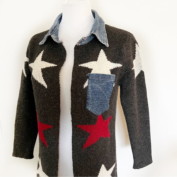 WOOL STAR PRINT CARDIGAN DENIM TRIM OPEN FRONT COLLARED SWEATER COAT GRAY Siz… - Picture 9 of 13